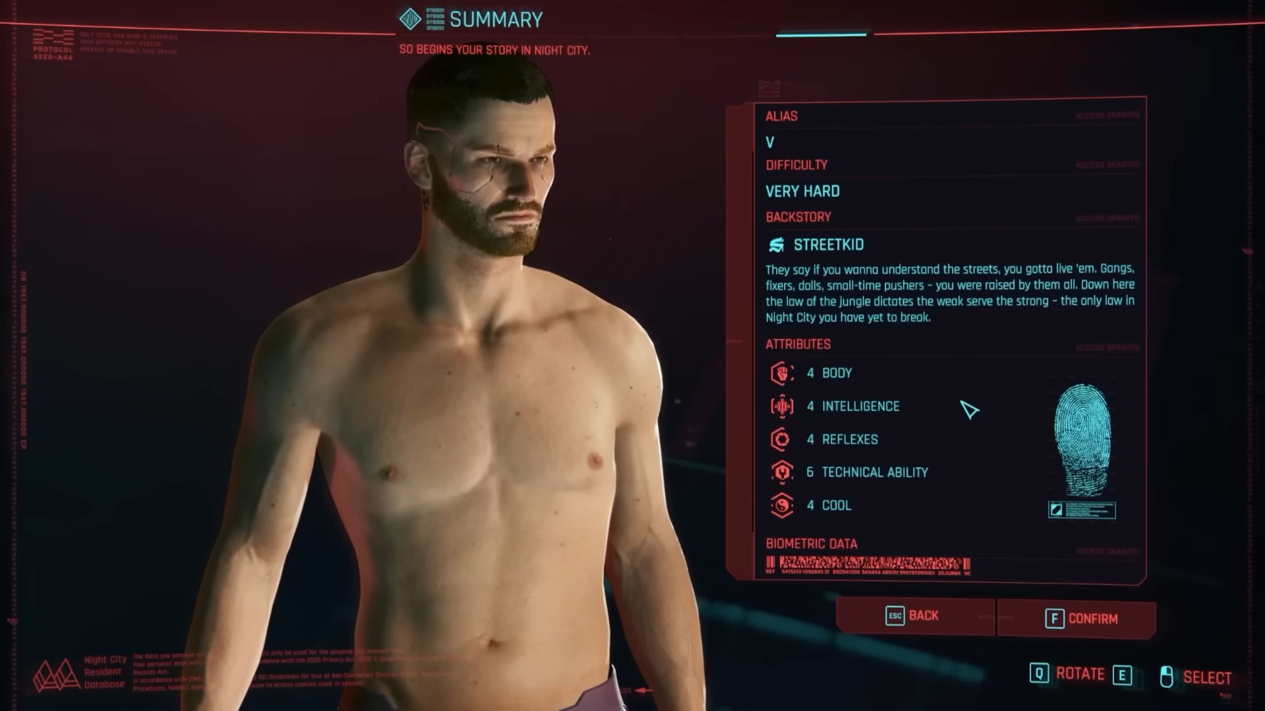 Character creation screen