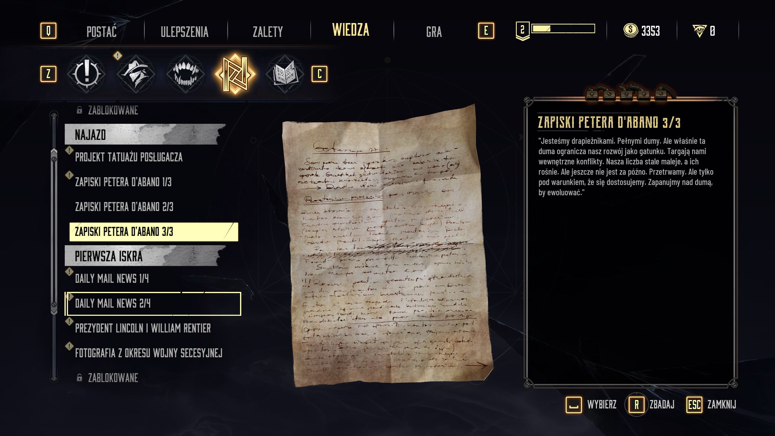 Lore menu contains information about quests, story characters, enemies, collectibles and tutorials